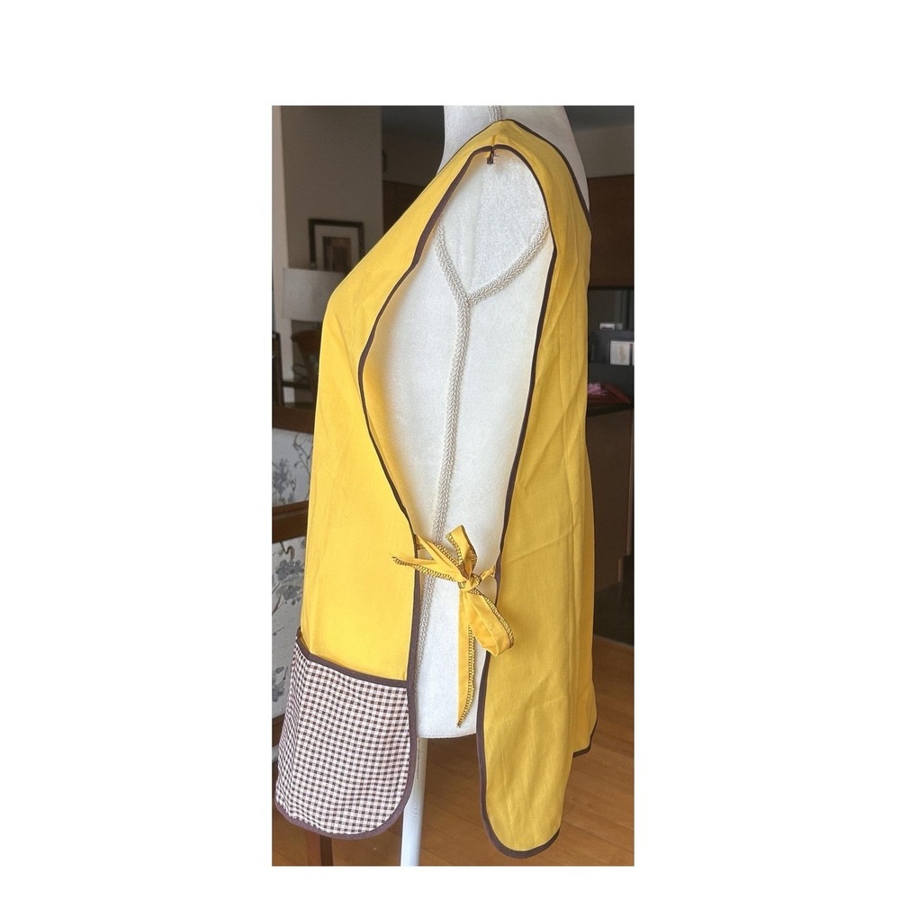 Vtg Apron Mustard Yellow & Brown 3 Pockets Homespun 1970 s Cottage Grandma Core - Picture 2 of 8